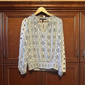 White House Black Market White and Blue Smocked Blouse